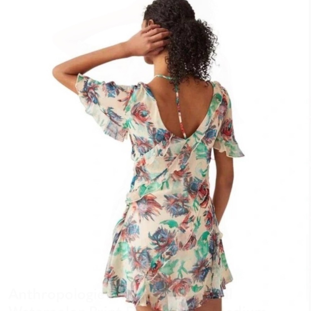 ANTHROPOLOGIE • Watercolor Floral Ruffle Strappy Back Mini Dress - Picture 3 of 16